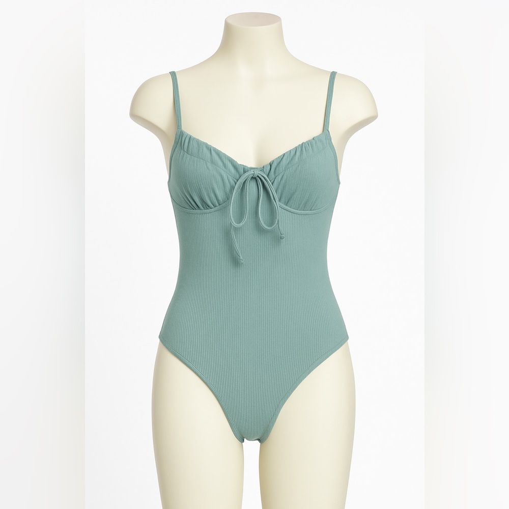 Bustier Style Ribbed Bodysuit – Sea Foam Green Light Aqua (Size M)